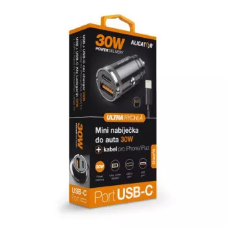 Aligator mini nabíjačka do auta Power Delivery 30W, USB-C + USB-A, USB-C kábel pre iPhone / iPad