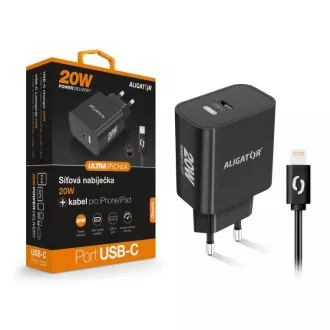 Múdra sieťová nabíjačka ALIGATOR Power Delivery 20W, USB-C kábel pre iPhone / iPad, čierna Múdra sieťová nabíjačka ALIGATOR Power Delivery 20W, USB-C kábel pre iPhone / iPad, čierna