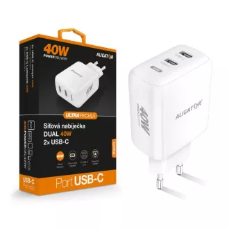 Múdra sieťová nabíjačka ALIGATOR Power Delivery 40W, 2xUSB-C, biela Múdra sieťová nabíjačka ALIGATOR Power Delivery 40W, 2xUSB-C, biela