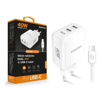 Múdra sieťová nabíjačka ALIGATOR Power Delivery 40W, 2xUSB-C, USB-C/USB-C kábel, biela Múdra sieťová nabíjačka ALIGATOR Power Delivery 40W, 2xUSB-C, USB-C/USB-C kábel, biela