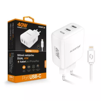 Múdra sieťová nabíjačka ALIGATOR Power Delivery 40W, 2xUSB-C, USB-C kábel pre iPhone / iPad, biela Múdra sieťová nabíjačka ALIGATOR Power Delivery 40W, 2xUSB-C, USB-C kábel pre iPhone / iPad, biela