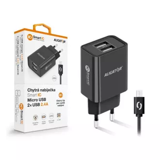 Múdra sieťová nabíjačka ALIGATOR 2,4 A, 2xUSB, smart IC, čierna, micro USB kábel