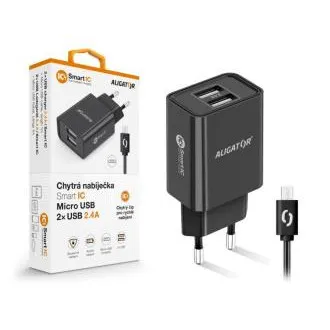Múdra sieťová nabíjačka ALIGATOR 2,4 A, 2xUSB, smart IC, čierna, micro USB kábel