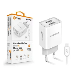 Múdra sieťová nabíjačka ALIGATOR 2,4A, 2xUSB, smart IC, biela, micro USB kábel