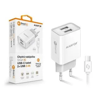 Múdra sieťová nabíjačka ALIGATOR 2,4A, 2xUSB, smart IC, biela, USB-C kábel Múdra sieťová nabíjačka ALIGATOR 2,4A, 2xUSB, smart IC, biela, USB-C kábel