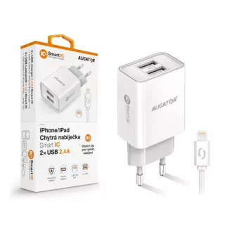 Múdra sieťová nabíjačka ALIGATOR 2,4A, 2xUSB, smart IC, biela, USB kábel pre iPhone / iPad