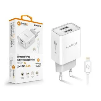 Múdra sieťová nabíjačka ALIGATOR 2,4A, 2xUSB, smart IC, biela, USB kábel pre iPhone / iPad Múdra sieťová nabíjačka ALIGATOR 2,4A, 2xUSB, smart IC, biela, USB kábel pre iPhone / iPad