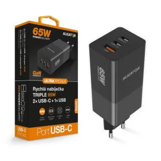 Aligator nabíjačka PD65W, 2USB-C, 1xUSB-A, čierna Aligator nabíjačka PD65W, 2USB-C, 1xUSB-A, čierna