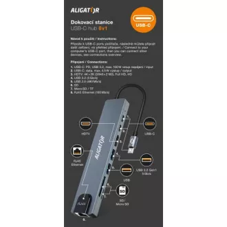 Aligator Dokovacia stanica USB-C/Hub 8v1 (USB-C/2xUSB/SD/MicroSD/HDTV/RJ45) Aligator Dokovacia stanica USB-C/Hub 8v1 (USB-C/2xUSB/SD/MicroSD/HDTV/RJ45)
