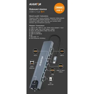 Aligator Dokovacia stanica USB-C/Hub 8v1 (USB-C/2xUSB/SD/MicroSD/HDTV/RJ45) Aligator Dokovacia stanica USB-C/Hub 8v1 (USB-C/2xUSB/SD/MicroSD/HDTV/RJ45)