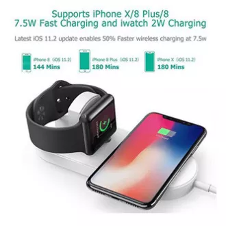 2v1 bezdrôtová nabíjačka, pre telefón a Apple Watch, biela, 5V, 10W, Qi