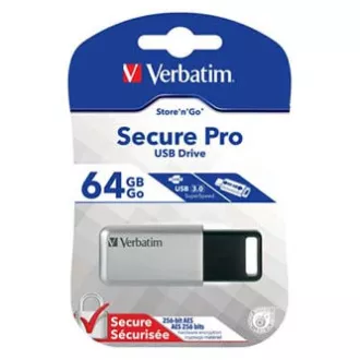 Verbatim USB flash disk, USB 3.0, 64GB, Secure Pro, strieborný, 98666, USB A, AES 256-bit šifrovanie, s výsuvným konektorom