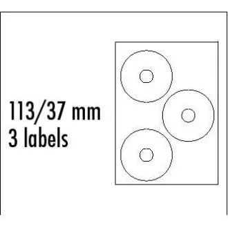 Logo etikety na CD 113/37mm, A4, matné, biele, 3 etikety, 140g/m2, balené po 25 ks, pre inkoustové a laserové tlačiarne