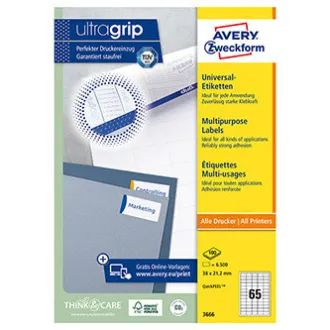 Avery Zweckform etikety 38 x 21.2 mm, A4, biele, 65 etiket, balené po 100 ks, 3666, pre laserové a inkoustové tlačiarne, kopírky Avery Zweckform etikety 38 x 21.2 mm, A4, biele, 65 etiket, balené po 100 ks, 3666, pre laserové a inkoustové tlačiarne, kopírky