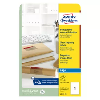 Avery Zweckform etikety 210mm x 297mm, A4, priehľadné, transparentná, 1 etiketa, na balíky, balené po 25 ks, J8567-25, pre atrameň Avery Zweckform etikety 210mm x 297mm, A4, priehľadné, transparentná, 1 etiketa, na balíky, balené po 25 ks, J8567-25, pre atrameň