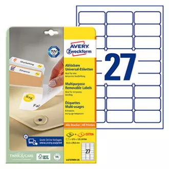 Avery Zweckform etikety 63.5mm x 29.6mm, A4, biele, 27 etiket, odnímateľná, balené po 25 ks, L4737REV-25, pre laserové a inkoust