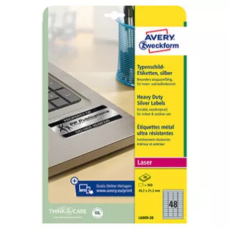 Avery Zweckform etikety 45.7mm x 21.2mm, A4, strieborné, 48 etikiet, veľmi odolné, balené po 20 ks, L6009-20, pre laserové tlačiar Avery Zweckform etikety 45.7mm x 21.2mm, A4, strieborné, 48 etikiet, veľmi odolné, balené po 20 ks, L6009-20, pre laserové tlačiar