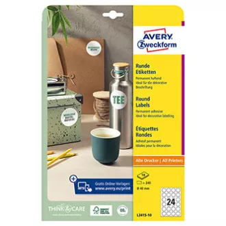 Avery Zweckform etikety 40mm, A4, biele, 24 etiket, balené po 10 ks, L3415-10, pre laserové a inkoustové tlačiarne, kopírky Avery Zweckform etikety 40mm, A4, biele, 24 etiket, balené po 10 ks, L3415-10, pre laserové a inkoustové tlačiarne, kopírky