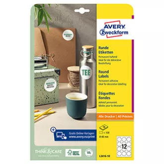 Avery Zweckform etikety 60mm, A4, biele, 12 etiket, balené po 10 ks, L3416-10, pre laserové a inkoustové tlačiarne, kopírky