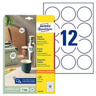 Avery Zweckform etikety 60mm, A4, biele, 12 etiket, balené po 10 ks, L3416-10, pre laserové a inkoustové tlačiarne, kopírky