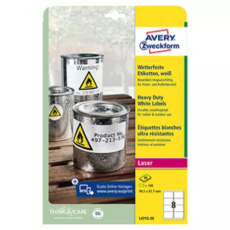 Avery Zweckform etikety 99.1mm x 67.7mm, A4, matné, biele, 8 etiket, veľmi odolné, balené po 20 ks, L4715-20, pre laserové tlačia