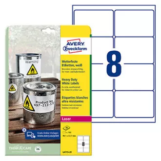 Avery Zweckform etikety 99.1mm x 67.7mm, A4, matné, biele, 8 etiket, veľmi odolné, balené po 20 ks, L4715-20, pre laserové tlačia