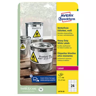 Avery Zweckform etikety 70mm x 37mm, A4, matné, biele, 24 etiket, veľmi odolné, balené po 20 ks, L4718-20, pre laserové tlačiarne Avery Zweckform etikety 70mm x 37mm, A4, matné, biele, 24 etiket, veľmi odolné, balené po 20 ks, L4718-20, pre laserové tlačiarne