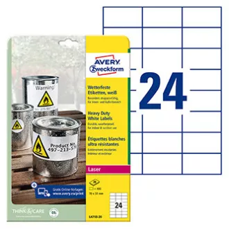Avery Zweckform etikety 70mm x 37mm, A4, matné, biele, 24 etiket, veľmi odolné, balené po 20 ks, L4718-20, pre laserové tlačiarne Avery Zweckform etikety 70mm x 37mm, A4, matné, biele, 24 etiket, veľmi odolné, balené po 20 ks, L4718-20, pre laserové tlačiarne