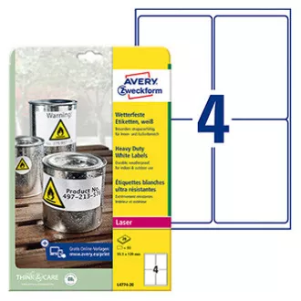 Avery Zweckform etikety 99.1mm x 139mm, A4, matné, biele, 4 etikety, veľmi odolné, balené po 20 ks, L4774-20, pre laserové tlačiar Avery Zweckform etikety 99.1mm x 139mm, A4, matné, biele, 4 etikety, veľmi odolné, balené po 20 ks, L4774-20, pre laserové tlačiar