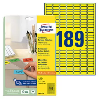Avery Zweckform etikety 25.4mm x 10mm, A4, žlté, 189 etiket, mini, snímateľné, balené po 20 ks, L6037-20, pre laserové a inkoust