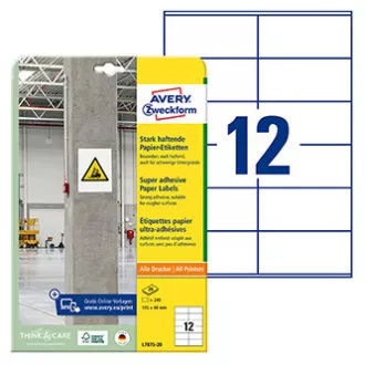 Avery Zweckform etikety 105mm x 48mm, A4, biele, 12 etiket, s vysokou lepivosťou, balené po 20 ks, L7875-20, pre laserové a atram