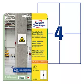 Avery Zweckform etikety 105mm x 148mm, A4, biele, 4 etikety, s vysokou lepivosťou, balené po 20 ks, L7876-20, pre laserové a atram