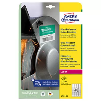 Avery Zweckform etikety 45.7mm x 21.2mm, A4, biele, 48 etiket, veľmi odolné, balené po 10 ks, L7911-10, pre laserové tlačiarne a Avery Zweckform etikety 45.7mm x 21.2mm, A4, biele, 48 etiket, veľmi odolné, balené po 10 ks, L7911-10, pre laserové tlačiarne a