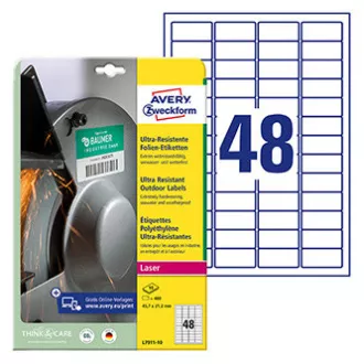 Avery Zweckform etikety 45.7mm x 21.2mm, A4, biele, 48 etiket, veľmi odolné, balené po 10 ks, L7911-10, pre laserové tlačiarne a Avery Zweckform etikety 45.7mm x 21.2mm, A4, biele, 48 etiket, veľmi odolné, balené po 10 ks, L7911-10, pre laserové tlačiarne a