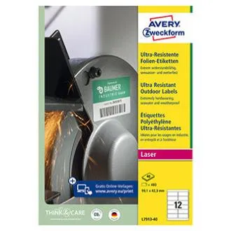 Avery Zweckform etikety 99.1mm x 42.3mm, A4, biele, 12 etiket, veľmi odolné, balené po 40 ks, L7913-40, pre laserové tlačiarne a