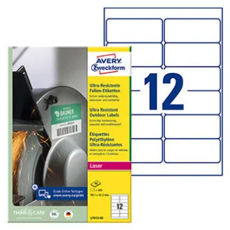 Avery Zweckform etikety 99.1mm x 42.3mm, A4, biele, 12 etiket, veľmi odolné, balené po 40 ks, L7913-40, pre laserové tlačiarne a