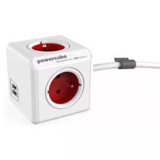 Síťový kabel 230V predlžovací, CEE7 (vidlica) - POWERCUBE, 1.5m, EXTENDED USB, červený, POWERCUBE, 4 zásuvky, 2xUSB port, detská p