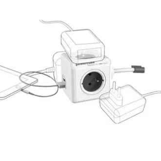 Síťový kabel 230V predlžovací, CEE7 (vidlica) - POWERCUBE, 1.5m, EXTENDED USB, červený, POWERCUBE, 4 zásuvky, 2xUSB port, detská p