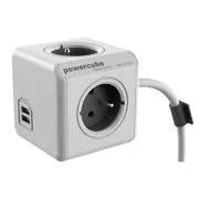 Síťový kabel 230V predlžovací, CEE7 (vidlica) - POWERCUBE, 3m, EXTENDED USB, sivý, POWERCUBE, 4 zásuvky, detské poistky