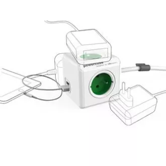 Síťový kabel 230V predlžovací, CEE7 (vidlica) - POWERCUBE, 3m, EXTENDED USB, sivý, POWERCUBE, 4 zásuvky, detské poistky
