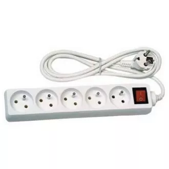 Síťový kabel 230V predlžovací, CEE7 (vidlica) - zásuvka 5x, 10m, VDE approved, biela, s vypínačom