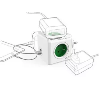 Rozbočovacia zásuvka 240V, CEE7 (vidlica) - POWERCUBE, 0.1m, ORIGINAL USB, zelená, POWERCUBE, 4 zásuvky, 2xUSB porty