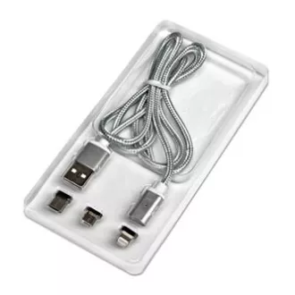 USB kábel s koncovkami (2.0), USB A samec - microUSB samec + Apple Lightning samec + USB C sam, 1m, kulatý, opletaný, strieborný,