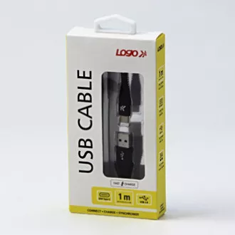 Logo USB kábel (2.0), USB A samec - USB C samec, 1m, 480 Mb/s, 5V/3A, čierny, box, nylonové opletenie, hliníkový kryt konektora