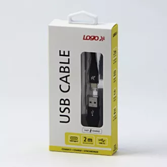 Logo USB kábel (2.0), USB A samec - USB C samec, 2m, 480 Mb/s, 5V/3A, černý, box, nylonové opletenie, hliníkový kryt konektora