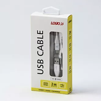 Logo USB kábel (2.0), USB A samec - USB C samec, 2m, 480 Mb/s, 5V/3A, biely, box, nylonové opletenie, hliníkový kryt konektora
