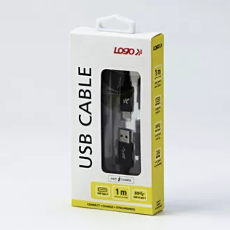 Logo USB kábel (3.2 gen 1), USB A samec - USB C samec, 1m, 5 Gb/s, 5V/3A, černý, box, nylonové opletenie, hliníkový kryt konektor