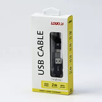 Logo USB kábel (3.2 gen 1), USB A samec - USB C samec, 2m, 5 Gb/s, 5V/3A, černý, box, nylonové opletenie, hliníkový kryt konektor