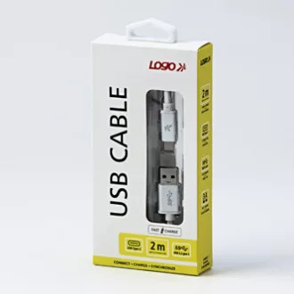 Logo USB kábel (3.2 gen 1), USB A samec - USB C samec, 2m, 5 Gb/s, 5V/3A, biely, box, nylonové opletenie, hliníkový kryt konektora