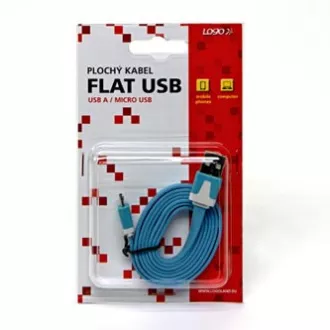 Logo USB kábel (2.0), USB A samec - microUSB samec, 1m, plochý, modrý, blister, DOPRODEJ